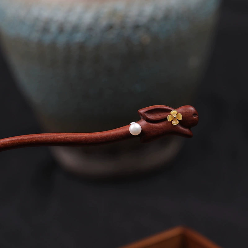 Osmanthus Rabbit Golden Ebony Hair Stick with Pearl Flowers