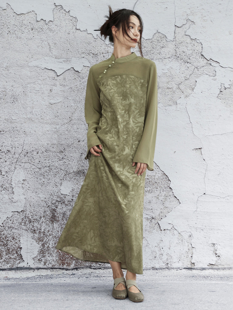 New Chinese Style V Neck Chiffon Lace Embroidered Long Sleeve Top - Symplocos 山矾