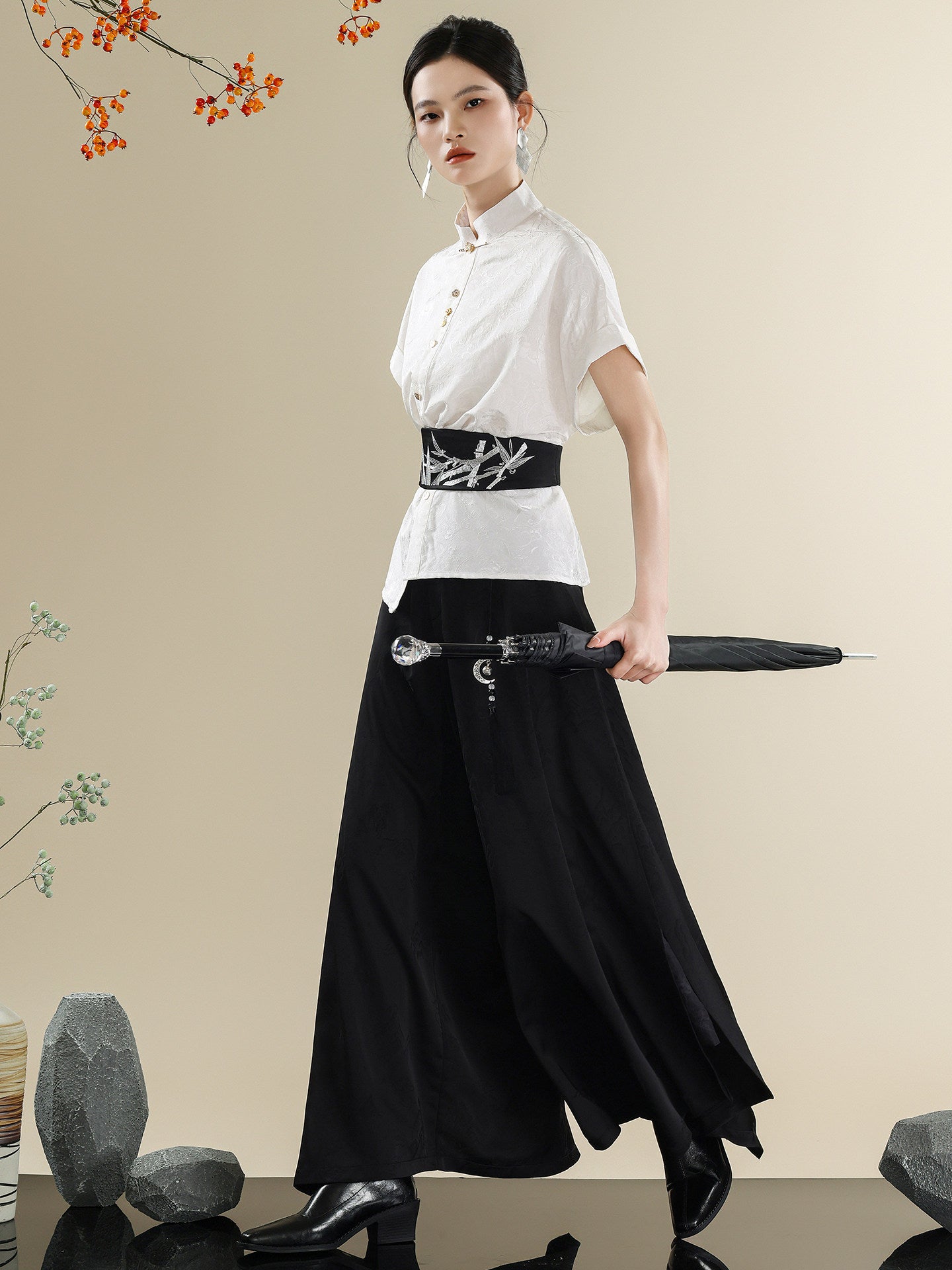 New Chinese Style Mandarin Collar Shirt & Wide-Leg Trousers Three-Piec –  Hanfu Story
