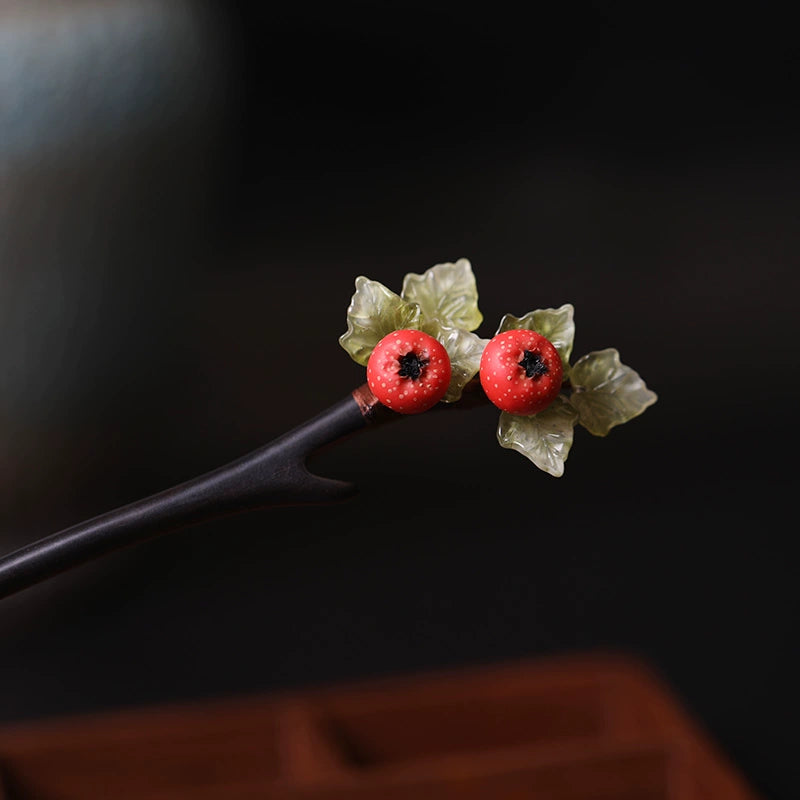 Hawthorn Fruit Handmade Vintage Ebony Hair Stick for Hanfu and Daily Wear