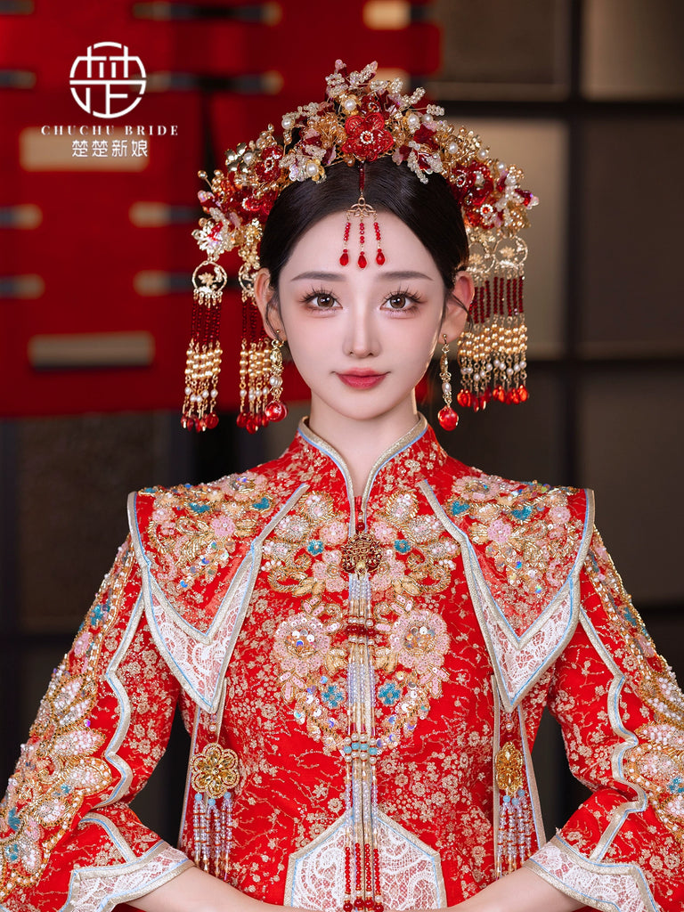 Scarlet Bloom Glory - Red Gold Phoenix Bridal Crown with Forehead Tassel for Luxurious Wedding Headpiece