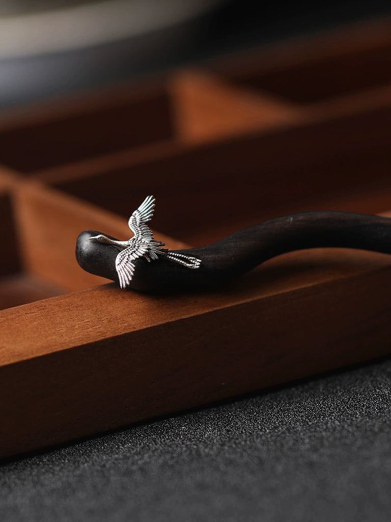 Soaring Crane Vintage Sterling Silver Wooden Hair Stick