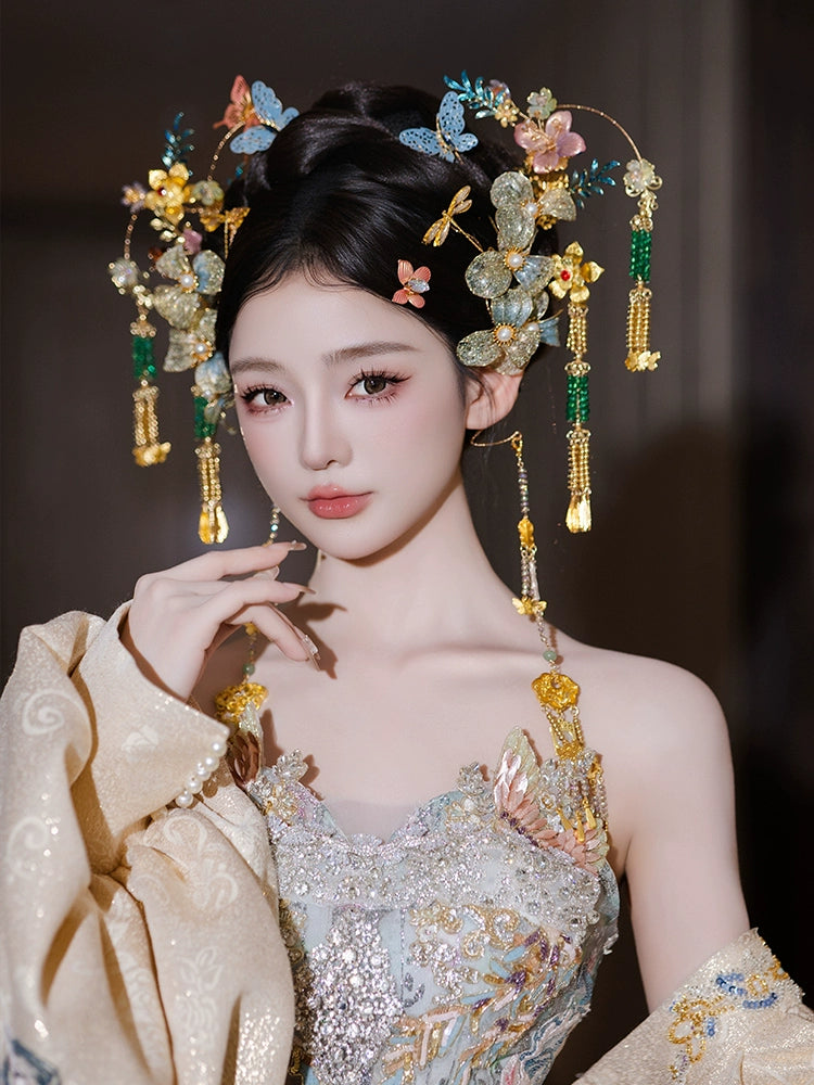 Light Blue Butterfly Bridal Hairpin Crystal Tassel Chinese Wedding Headpiece