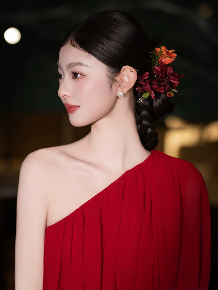 Handmade Red Floral Bridal Hair Clips Retro Chinese Wedding Hair Accessories for Qipao and Cheongsam Dress