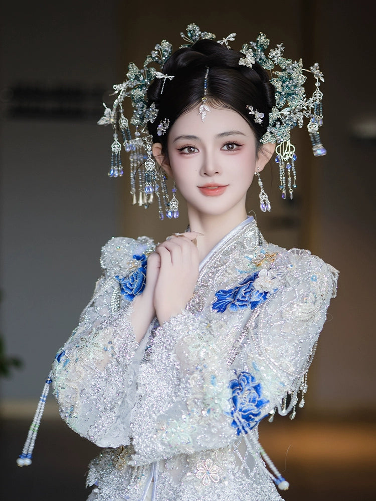 Blue Floral Tassel Bridal Hairpin New Chinese Wedding Hair Accessories for Xiuhe, Hanfu, and Cheongsam Bride