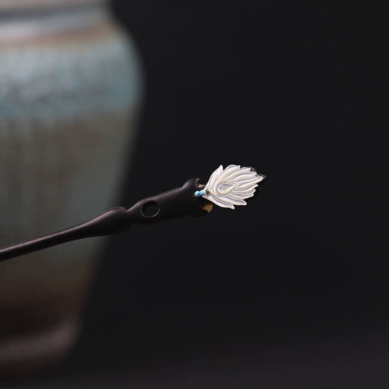 Phoenix Feather Natural White Mother-of-Pearl Ebony Hair Stick