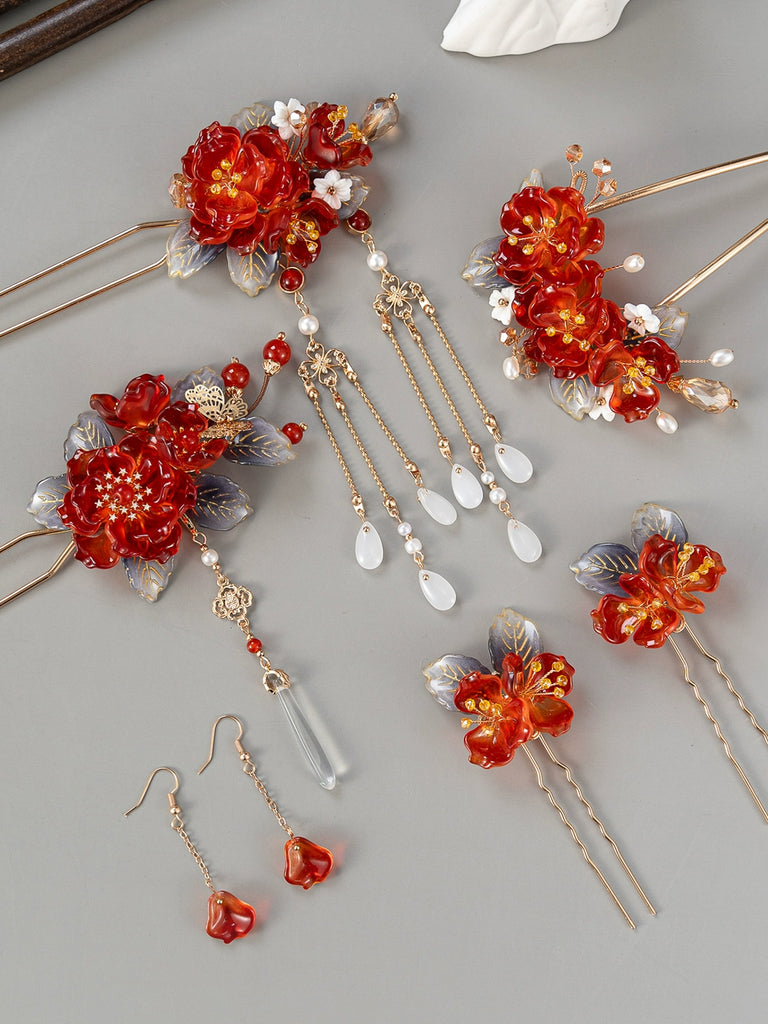 Festive Red Blossom Hair Accessories Hanfu Hairpin & Tassel Set for Traditional Hairstyles