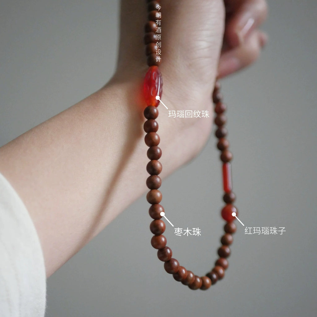 Evening Sunshine Lightning Jujube Wood Bracelet Buddha Beads with Red Agate