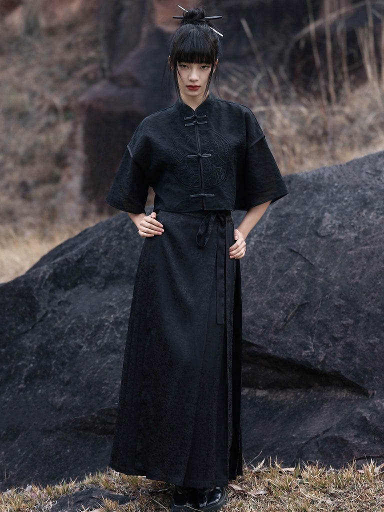 New Chinese Style Buckle Top Retro Dark Pattern Crop Top