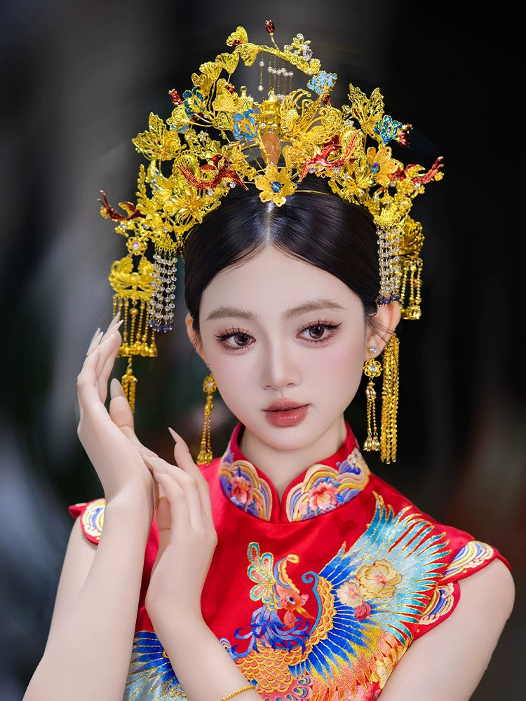 Luxury Phoenix Crown Bridal Headpiece Red and Blue Gem Accent with Gold Tassels for Chinese Wedding Qipao