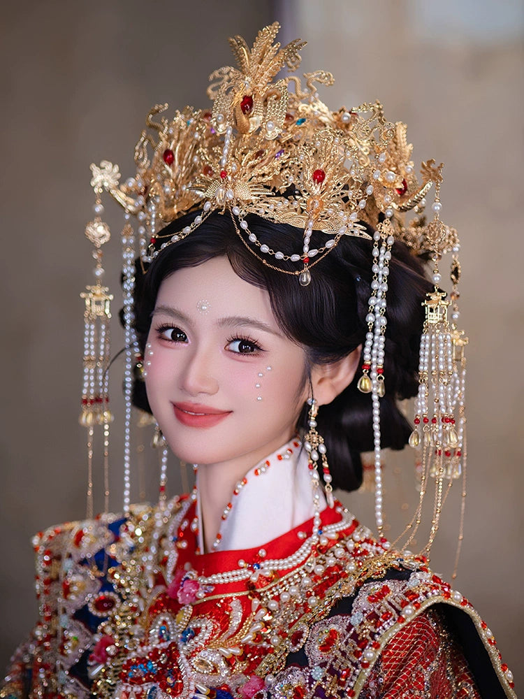 Luxury Gold Phoenix Crown Bridal Headpiece Pearl Tassel Chinese Wedding Hair Accessories for Hanfu and Xiuhe Dress