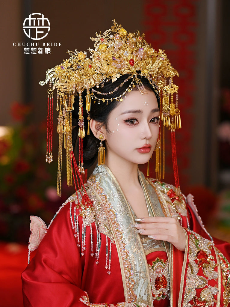 Blush Phoenix Glow - Red Gold Hanfu Bridal Phoenix Crown with Forehead Tassel for Wedding Look