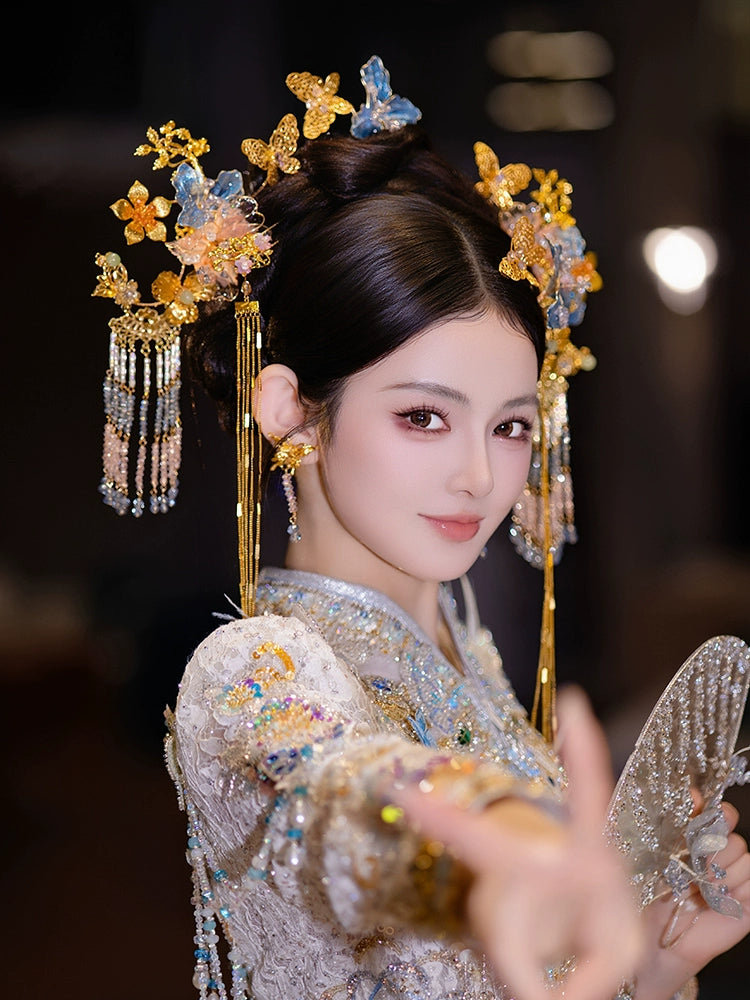 Blue and Gold Floral Tassel Bridal Hairpin Fairy-Style Chinese Wedding Accessories
