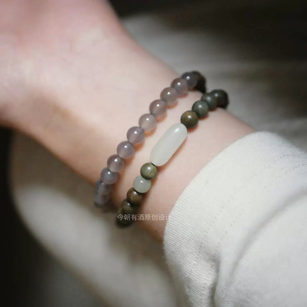 Turning Snow in Search of Spring Green Sandalwood Bracelet Buddha Beads & Hetian Jade