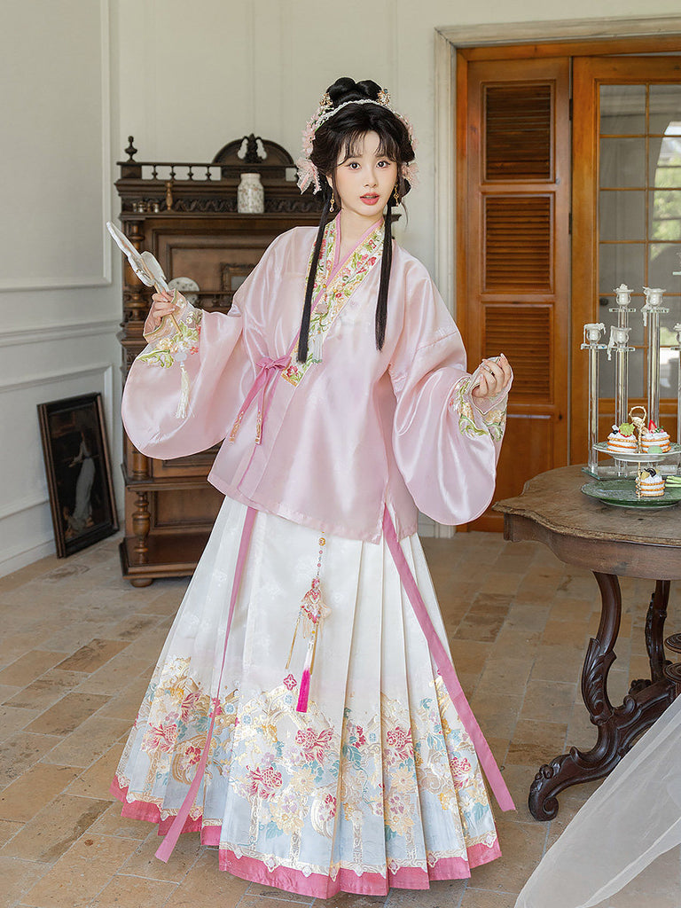 Han Dynatsy Spring Hanfu Ming Dynasty Spring Hanfu Set with Pink Mamian Skirt for Women | Peach ...