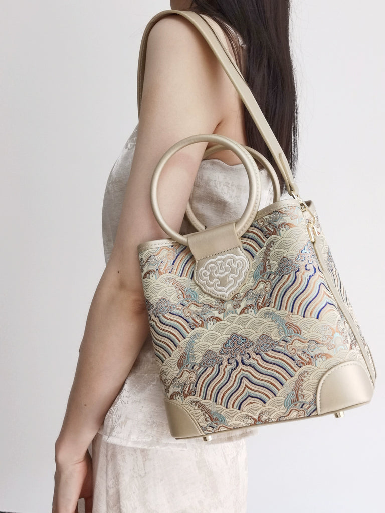 River and Cliffs Song Brocade Bucket Bag for Women