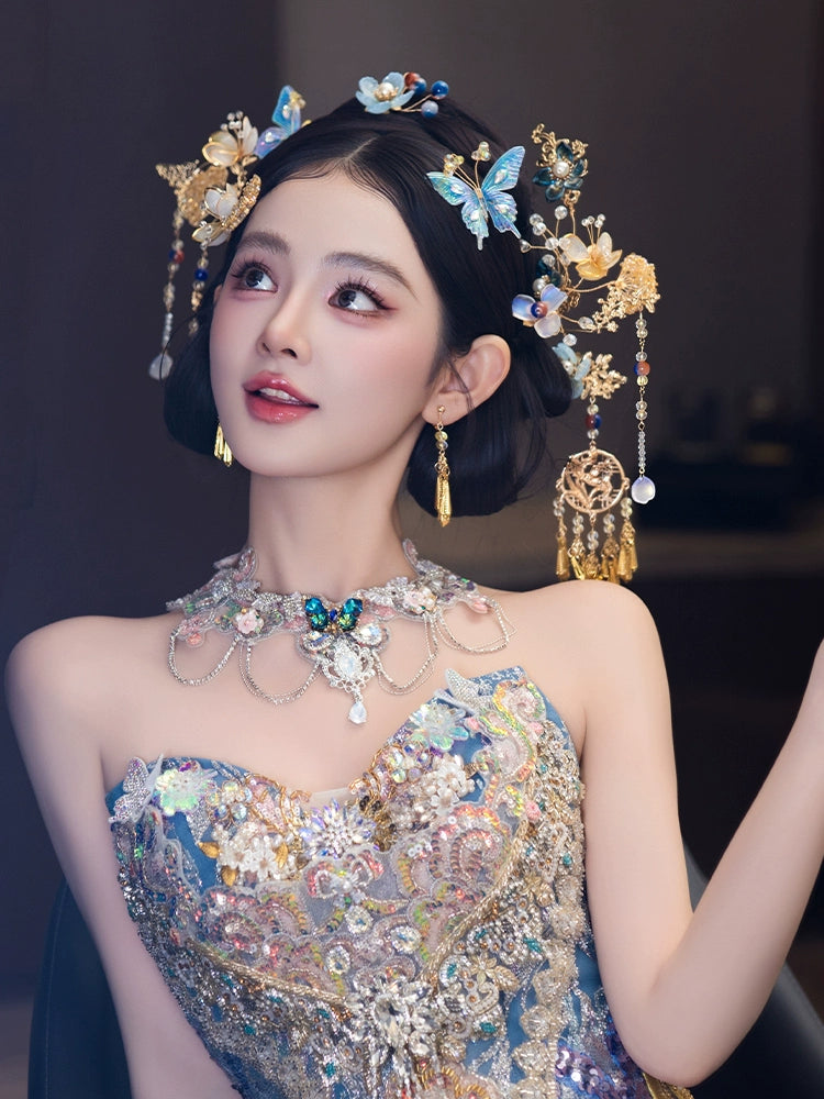 Dreamy Blue Butterfly Bridal Headpiece Chinese Wedding Hair Accessories for Xiuhe and Qun Kwa Bride