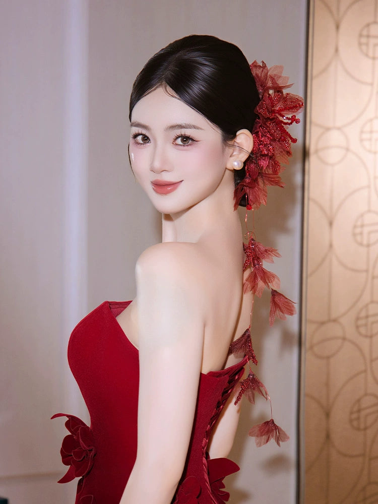 Red Floral Bridal Hair Accessories New Chinese Style Long Hairpins for Wedding and Banquet Cheongsam Dress