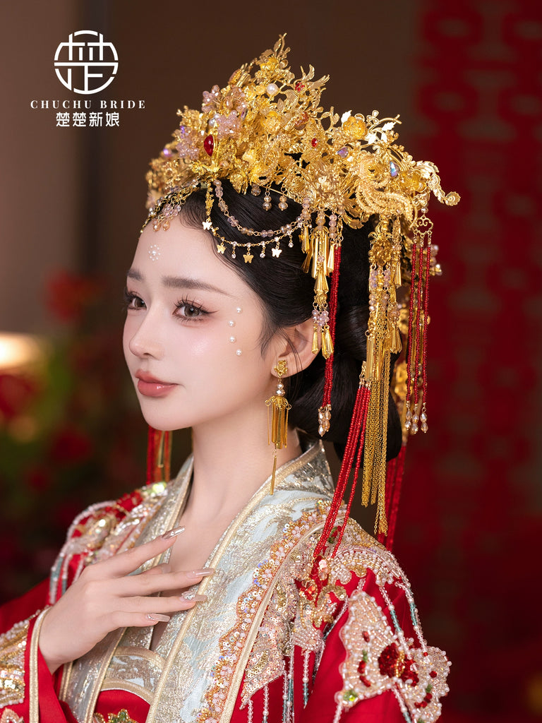 Blush Phoenix Glow - Red Gold Hanfu Bridal Phoenix Crown with Forehead Tassel for Wedding Look