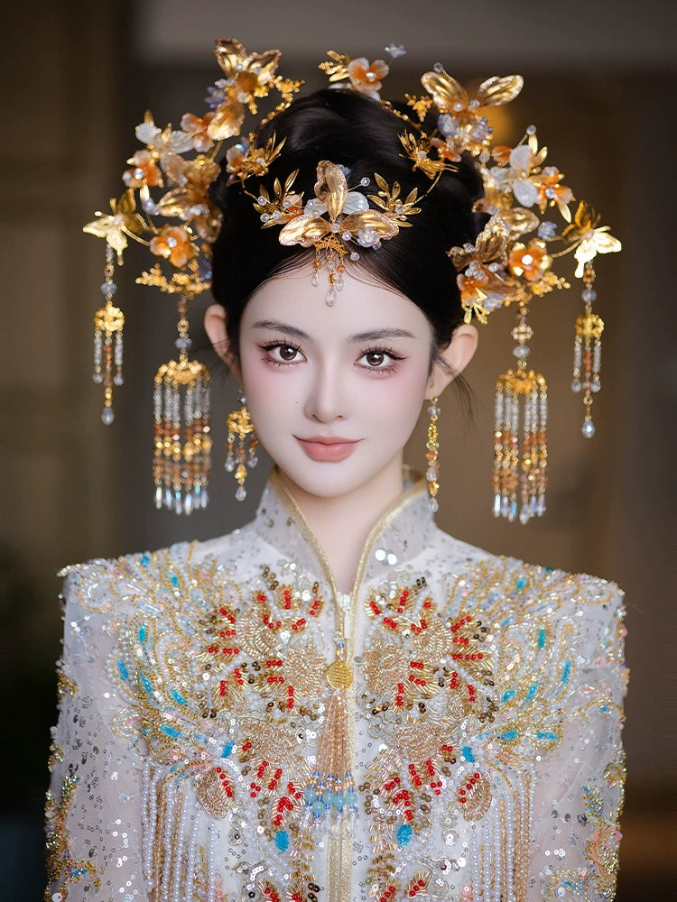 Champagne Floral Tassel Bridal Hairpin Elegant Glass Chinese Wedding Hair Accessories