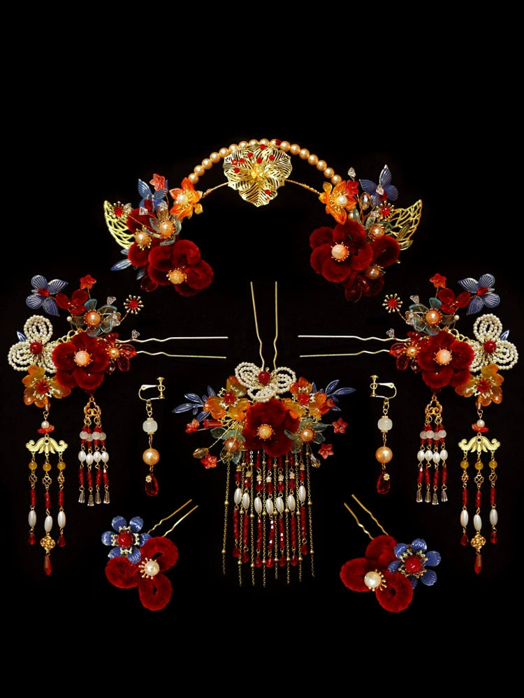 Red Velvet Bridal Hairband with Tassel Hairpin Classical Chinese Wedding Accessories for Xiuhe and Hanfu Updos