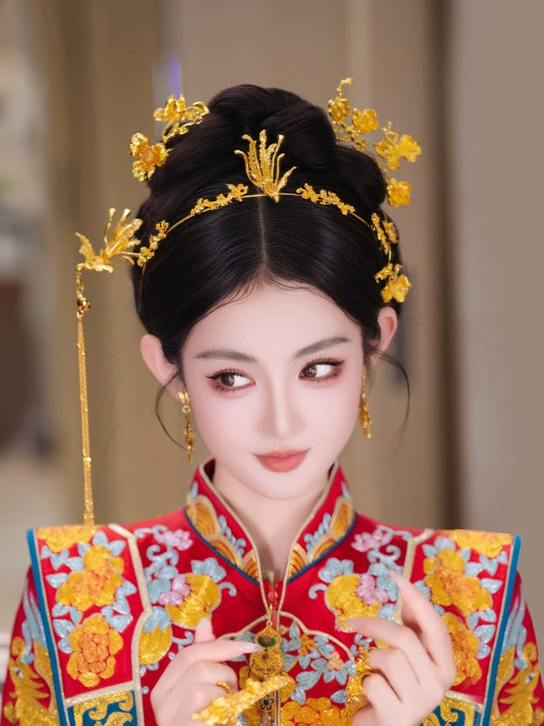 Gold Phoenix Bridal Hairband and Hairpin Minimalist Chinese Wedding Accessories