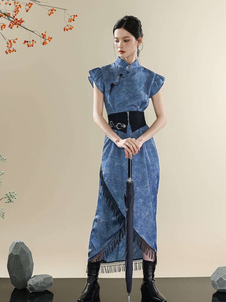 Blue Tie-Dye Modern Qipao Dress