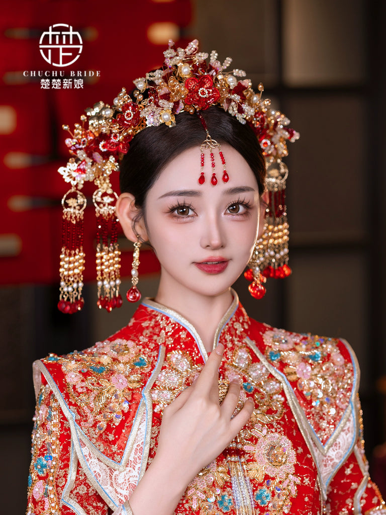 Scarlet Bloom Glory - Red Gold Phoenix Bridal Crown with Forehead Tassel for Luxurious Wedding Headpiece