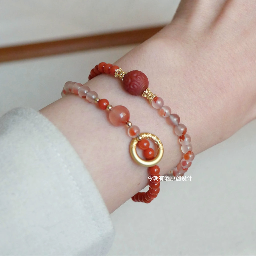 Original Nezha Southern Red Agate Bracelet Multi-Circle Buddha Beads, Chinese Style Red Gift