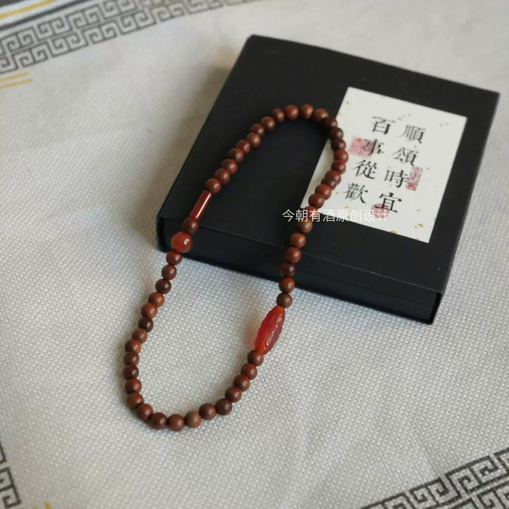 Evening Sunshine Lightning Jujube Wood Bracelet Buddha Beads with Red Agate