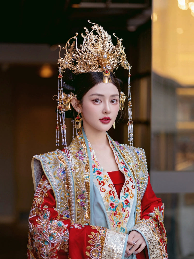 Gold Phoenix Crown Bridal Headpiece Long Tassel Chinese Wedding Hair Accessories for Hanfu Bride