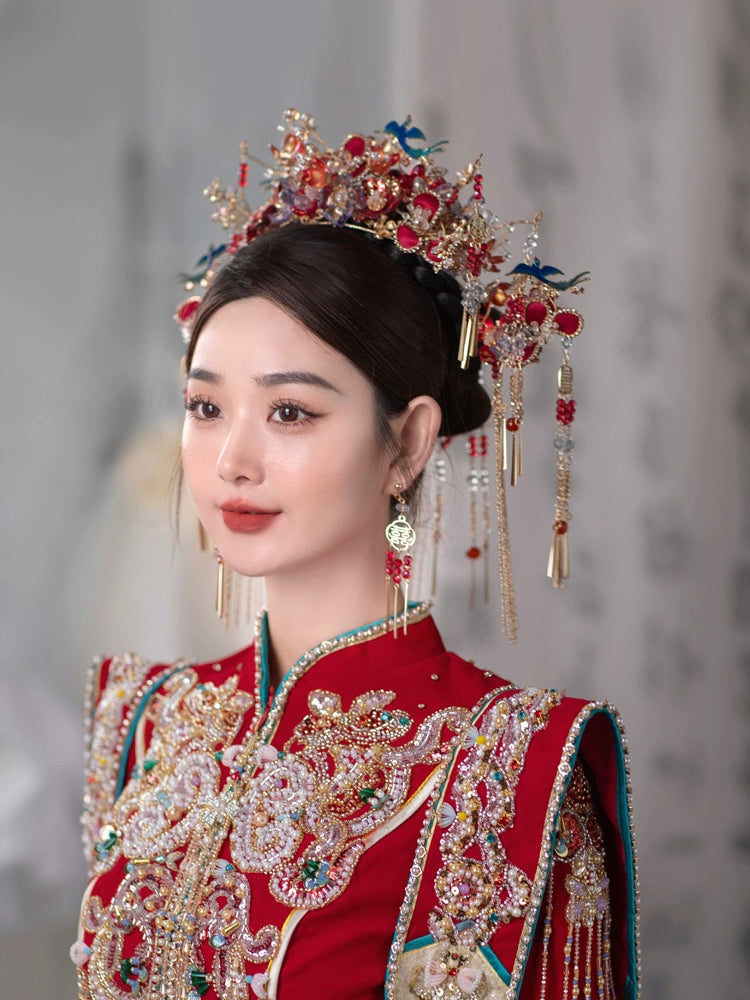 Red and Blue Phoenix Crown Bridal Headpiece Handmade Tassel Chinese Wedding Hair Accessories for Hanfu Bride