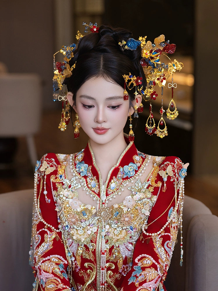 Red and Blue Tassel Bridal Hairpins Classical Floral Headpiece for Chinese Wedding Hanfu Xiuhe Dress