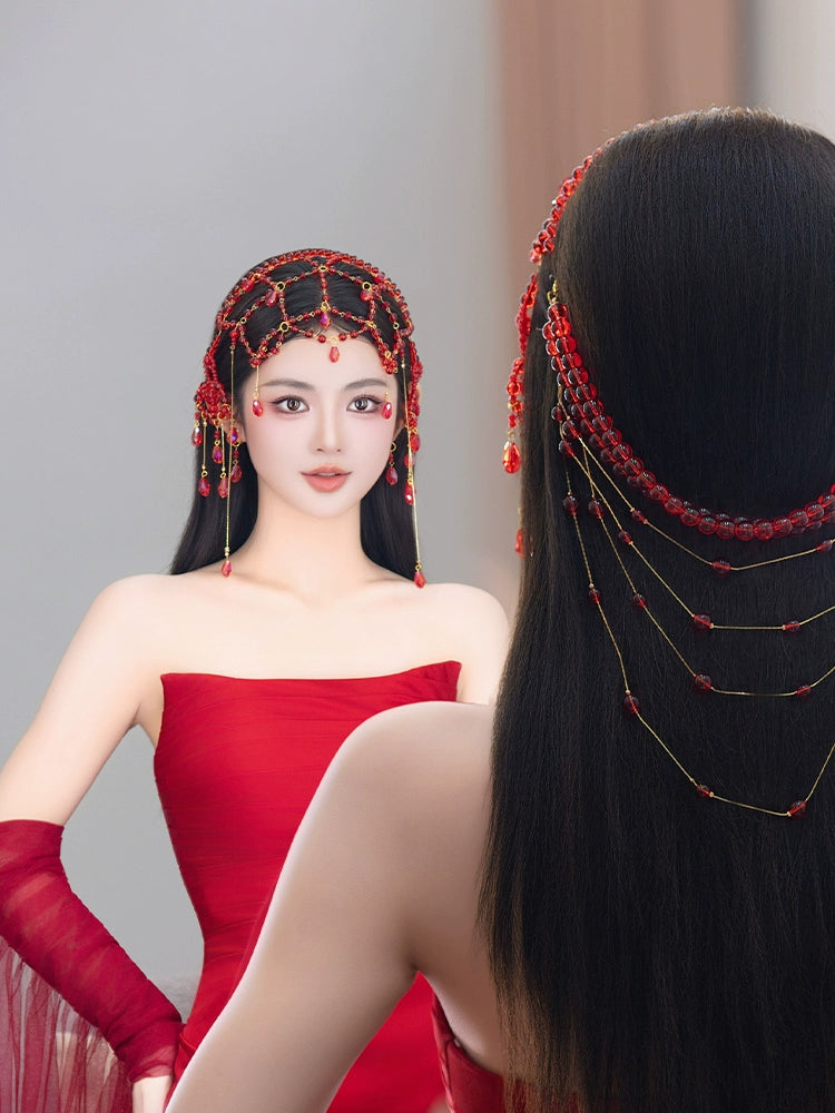 Exotic Dunhuang Bridal Hair Accessories Set Tassel Forehead Pendant Wedding Headpiece