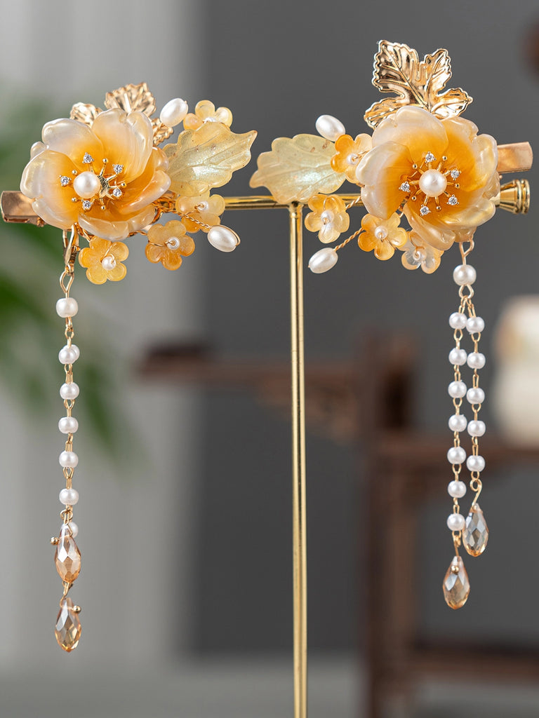 Retro Amber Light Hair Accessories - Hanfu Hair Stick Set, Vintage Ethnic Style Headdress