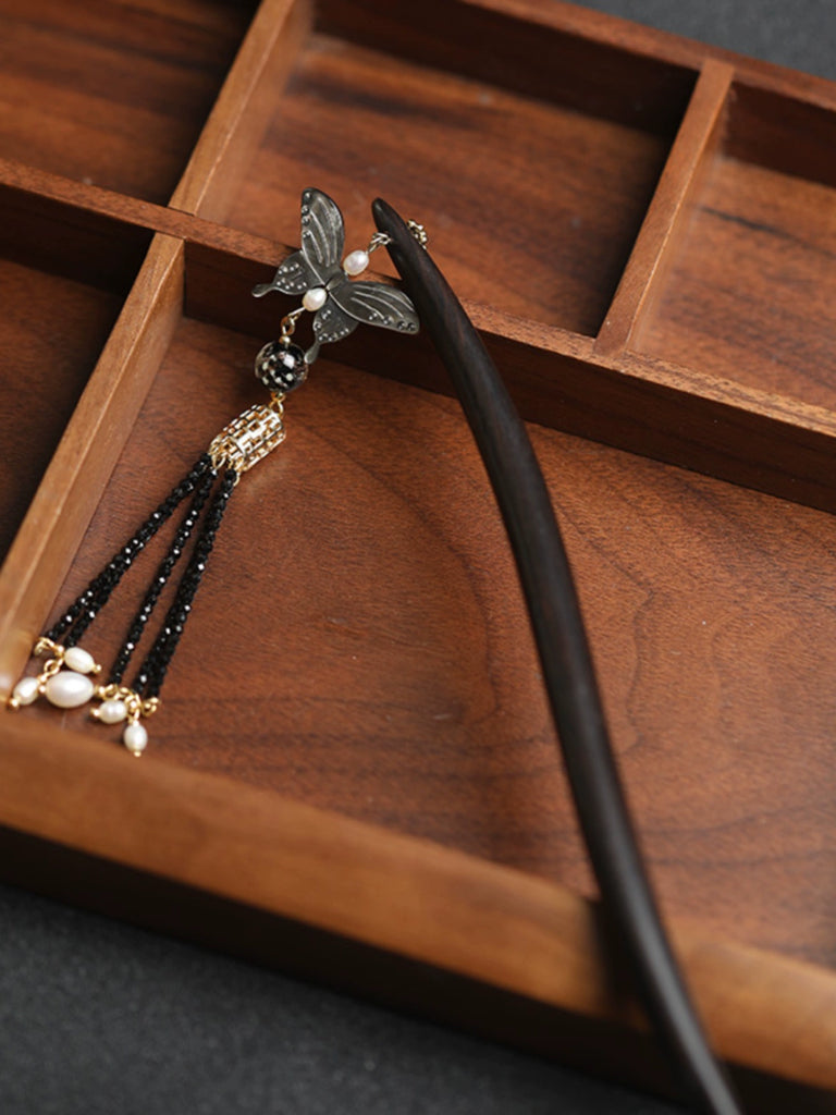 Ink-Stained Pearl Tassel Natural Mother-of-Pearl Long Tassel Ebony Hair Stick