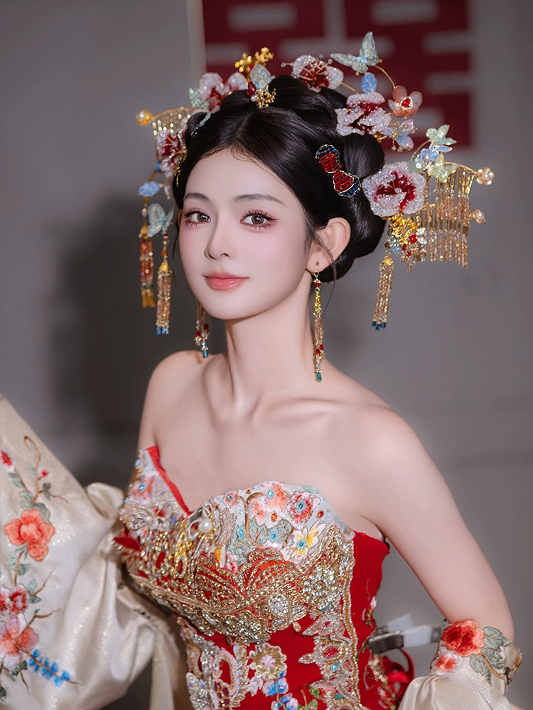 Gradient Floral Bridal Hair Accessories Light Butterfly Headpiece for Chinese Wedding