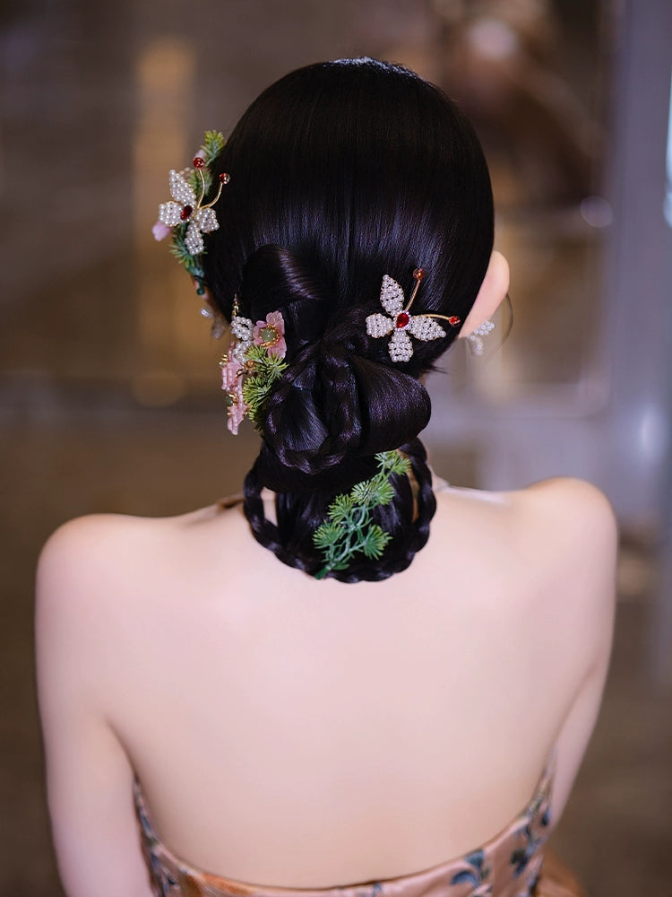 Romantic Pink Floral Bridal Hair Accessories Fairy-Style Chinese Wedding Headpiece for Xiuhe and Cheongsam Bride