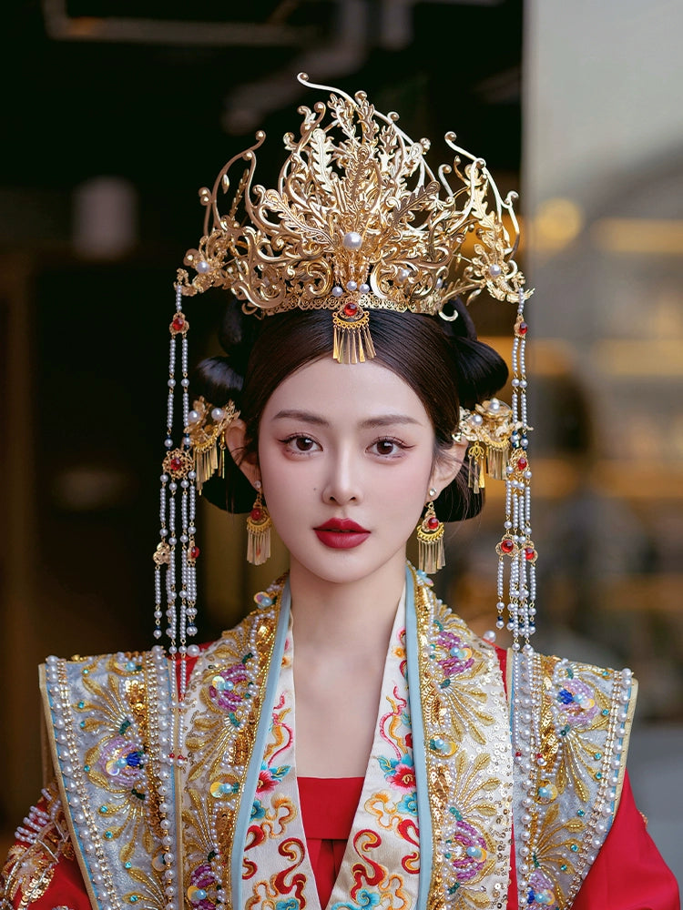 Gold Phoenix Crown Bridal Headpiece Long Tassel Chinese Wedding Hair Accessories for Hanfu Bride