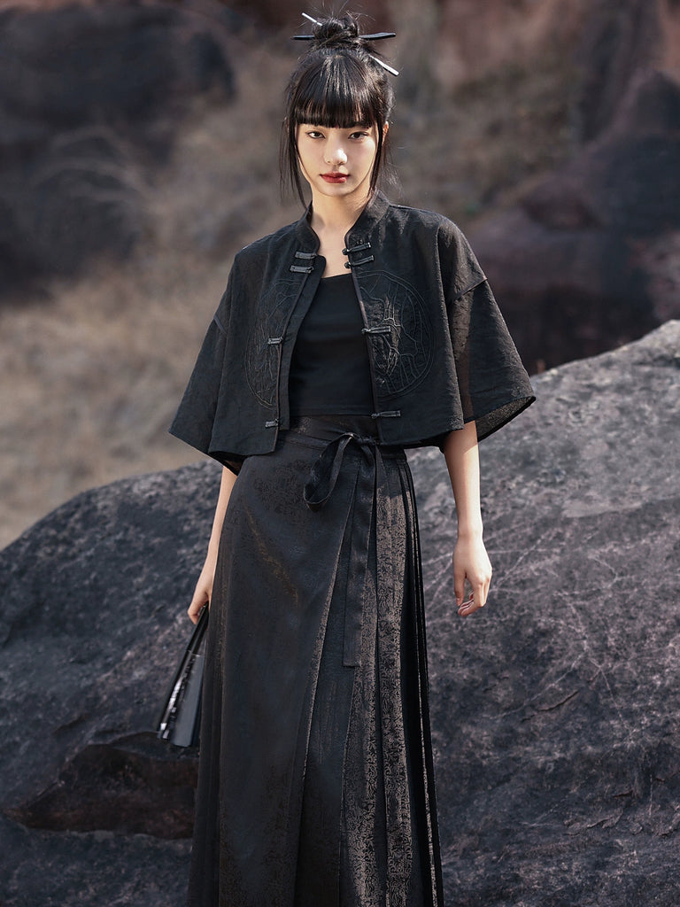 New Chinese Style Buckle Top Retro Dark Pattern Crop Top