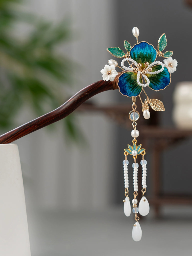 Handmade Silk Velvet Flower Lake Scenery Sandalwood Hair Stick