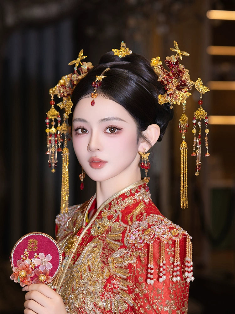 Golden Phoenix Bridal Hairpin with Forehead Pendant Chinese Wedding Headpiece