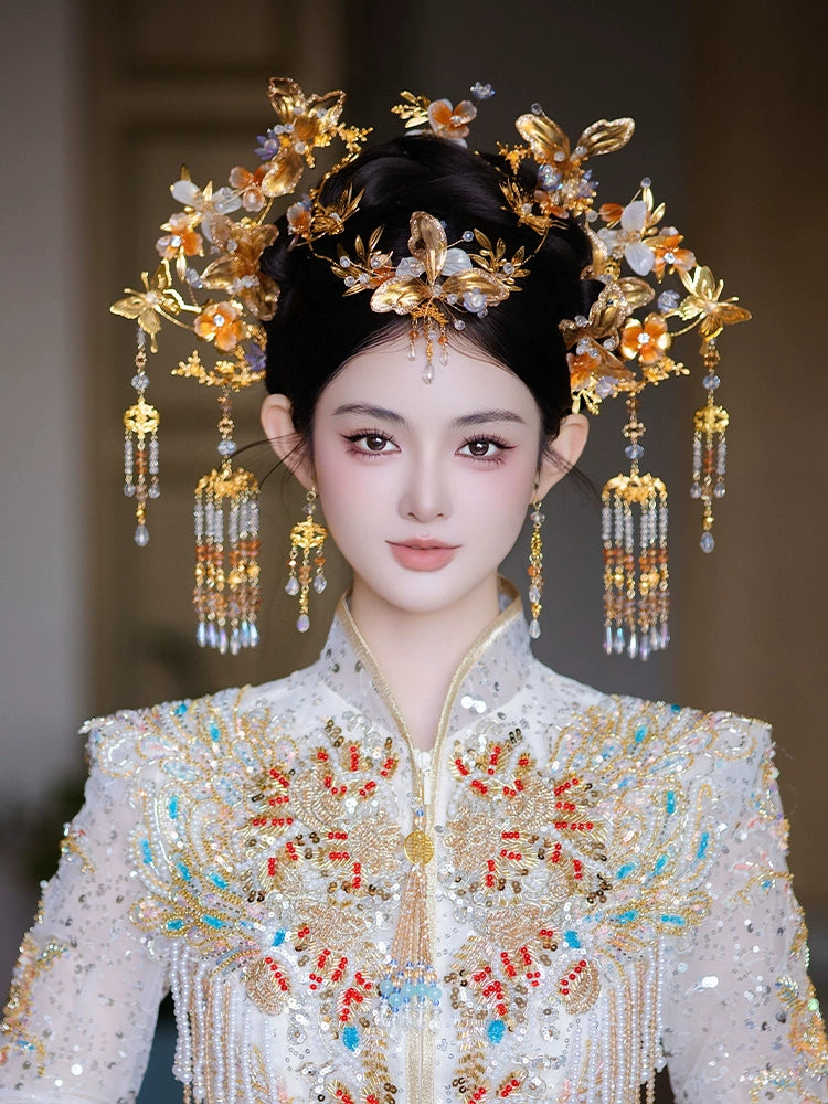 Champagne Floral Tassel Bridal Hairpin Elegant Glass Chinese Wedding Hair Accessories