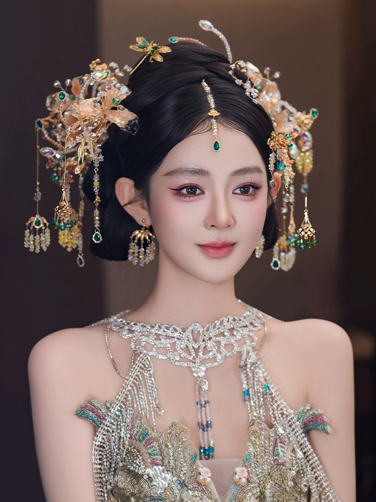 Champagne Bridal Hair Accessories Exquisite Forehead Pendant Headpiece for Chinese Wedding Xiuhe and Hanfu Bride