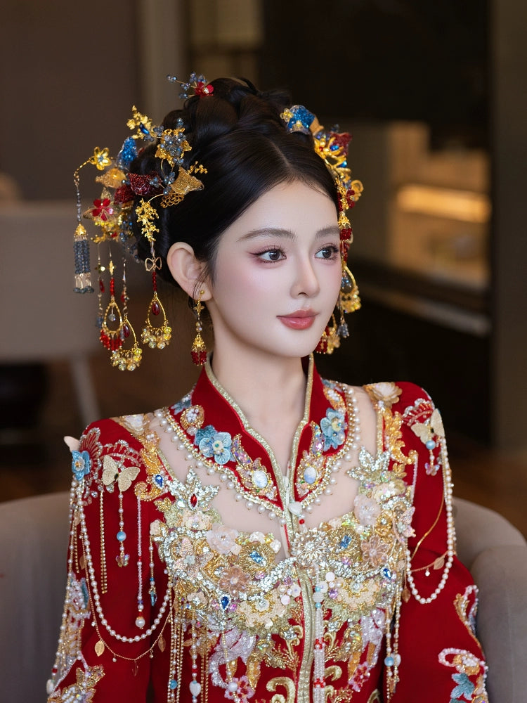 Red and Blue Tassel Bridal Hairpins Classical Floral Headpiece for Chinese Wedding Hanfu Xiuhe Dress