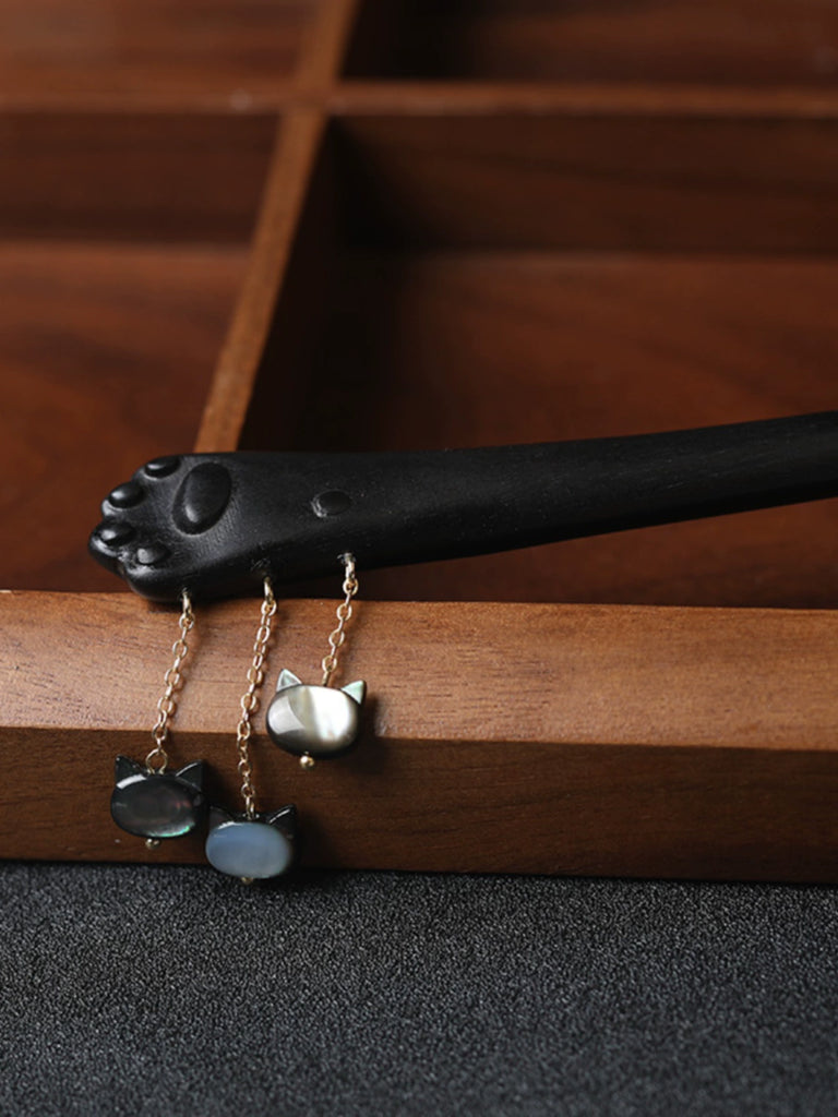 Lucky Cat Paw Cute Mother-of-Pearl Inlay Ebony Hair Stick