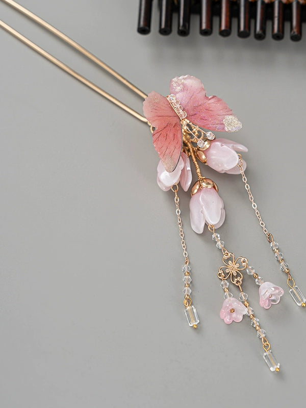Peach Blossom & Magnolia Butterfly Hairpin Ancient Style Tassel Hair Stick for Hanfu & Cheongsam
