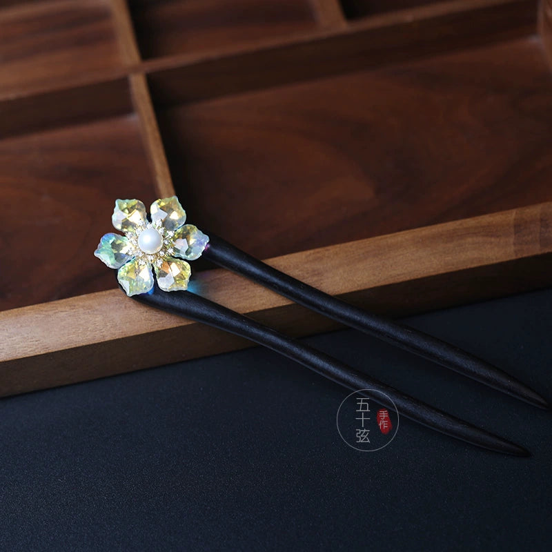 Radiant Crystal Flower Elegant Wooden Ancient Style Hair Stick