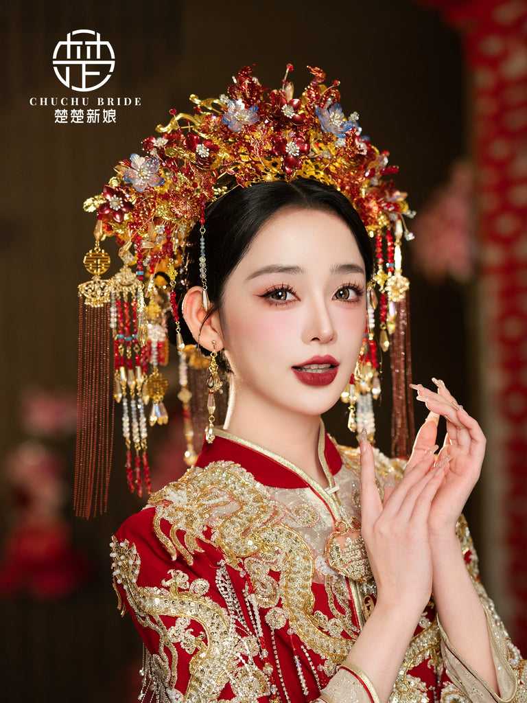 Dynasty Empress - Gold Red Phoenix Bridal Crown with Tassels for Hanfu Wedding Ceremony