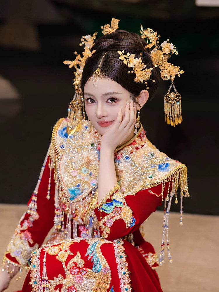 Champagne Bridal Hair Accessories Elegant Chinese Wedding Headpiece with Tassels and Forehead Pendant for Xiuhe and Hanfu